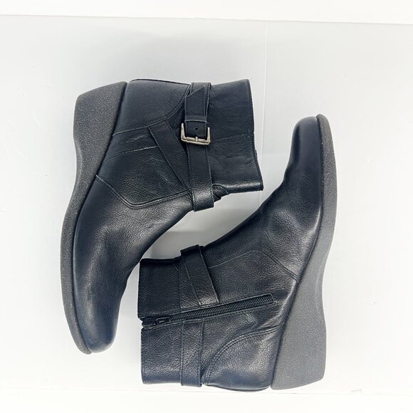 Sz 9 The Flexx Black Leather Buckle Zip Up Felt Lined Wedge Ankle Boot Bootie - Picture 6 of 15